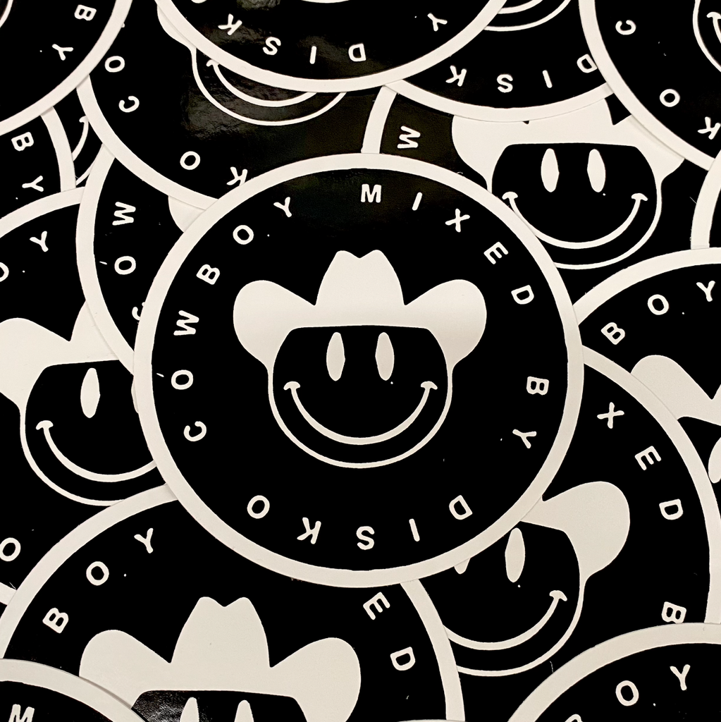 "Mixed By Disko" is black & white round sticker by Vinyl Ranch. 3.5". Check out the full Disko Cowboy Collection