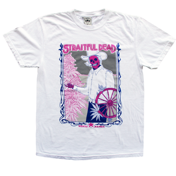 "Straitful Dead Summer Daze" by Vinyl Ranch is a limited edition, 4 color design printed on a classic white tee.