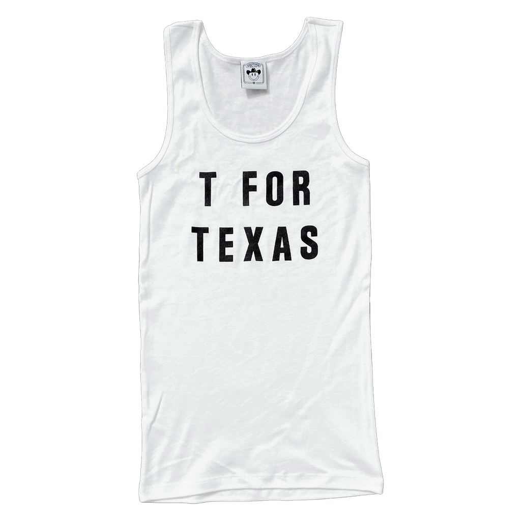 "T For Texas" by Vinyl Ranch is a nod to the Lone Star State, printed on a women's white racerback tank top.