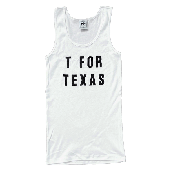 "T For Texas" by Vinyl Ranch is a nod to the Lone Star State, printed on a women's white racerback tank top.