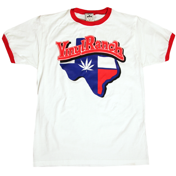 "Legalize Texas" features a hand-drawn illustration by Taylor Rushing printed on a classic red & white ringer tee by Vinyl Ranch.
