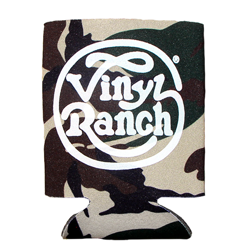 "Vinyl Ranch Camo Koozie Pack" is a set of 2 classic koozies featuring the Vinyl Ranch logo. Includes 1 black koozie, and 1 camo print koozie.