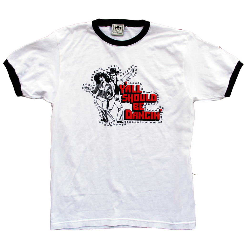 "Y'all Should Be Dancin" by Vinyl Ranch features a vintage-inspired design printed in red & black ink on a classic black & white ringer tee.