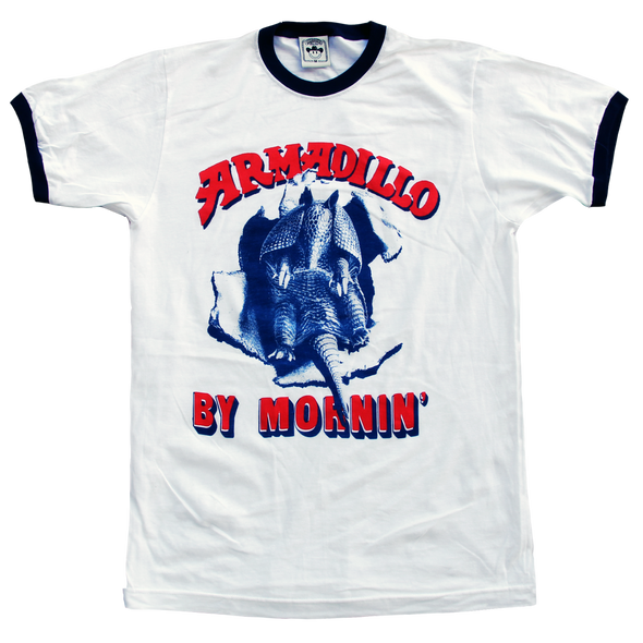 "Armadillo By Mornin'" in a two color design on a navy & white ringer tee by Vinyl Ranch.