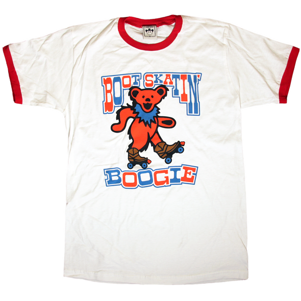 "Bear Skatin' Boogie", an homage to The Dead, printed on a red & white ringer tee by Vinyl Ranch.