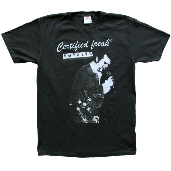 "Certified Freak" features a metallic silver graphic printed on a classic black tee by Vinyl Ranch.