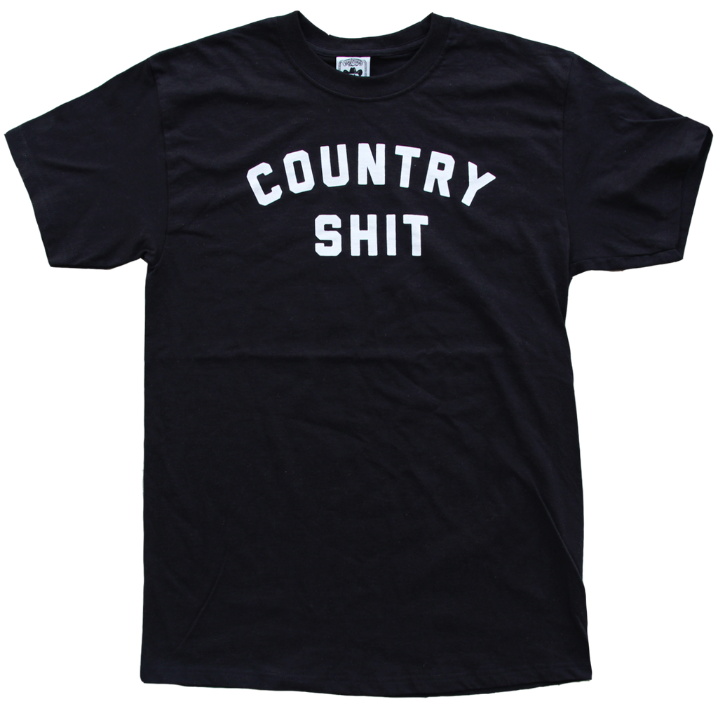 The infamous "Country Shit" design by Vinyl Ranch printed on a classic black tee.