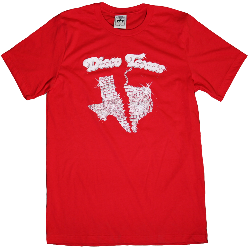 "Disco Texas" by Vinyl Ranch features a metallic silver & white design on a classic red tee.  Check out the full Disko Cowboy Collection