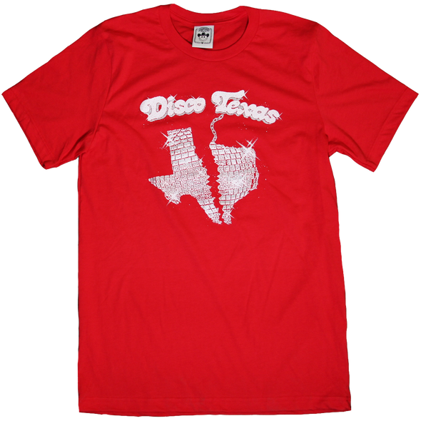 "Disco Texas" by Vinyl Ranch features a metallic silver & white design on a classic red tee.  Check out the full Disko Cowboy Collection