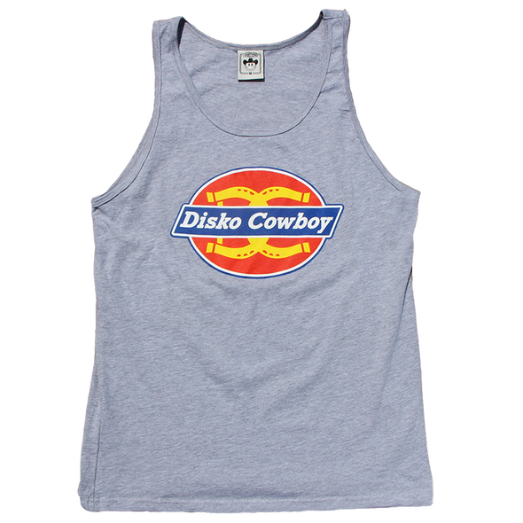 "Diskies" by Vinyl Ranch is a 4 color design printed on a heather gray tank top. (90% combed ringspun cotton/10% poly)  Check out the full Disko Cowboy Collection