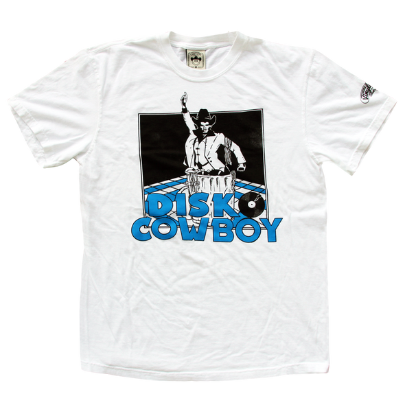"Disko Trash" by Vinyl Ranch features a 2 color design printed on a classic white tee. Check out the full Disko Cowboy Collection