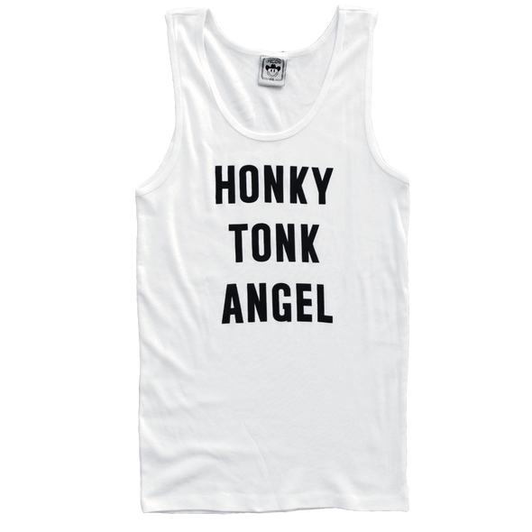 "Honky Tonk Angel Women's Rib Tank" by Vinyl Ranch features black lettering on a classic white women's racerback tank.