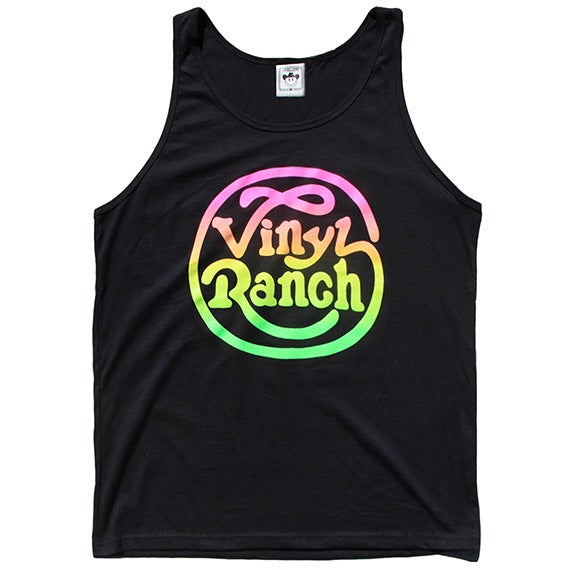 "Neon Moon" by Vinyl Ranch features a 4 color vintage split fountain neon rainbow printed on a classic black tank top.