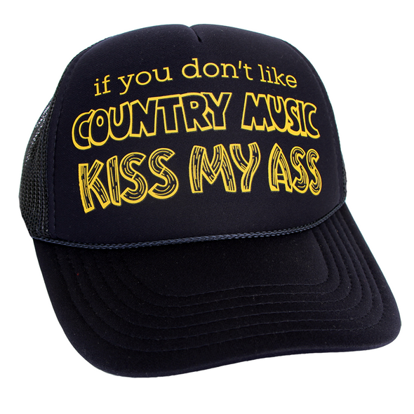 "Kiss My Ass" by Vinyl Ranch features a vintage-style graphic in yellow-gold on a navy blue classic trucker cap.