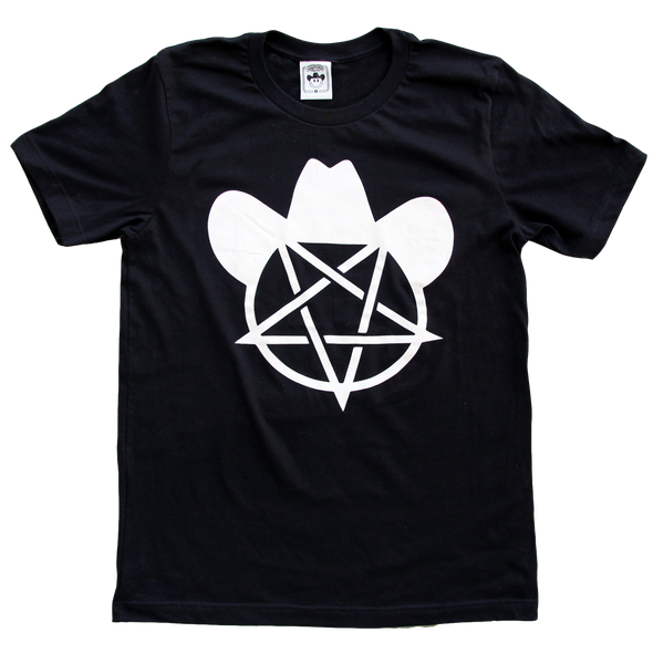 "Cowboyz From Hell" by Vinyl Ranch hand-printed on a classic black tee.