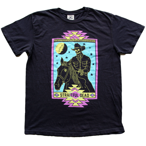 "Straitful Dead Nights" by Vinyl Ranch is a 4 color design printed on a classic black tee.
