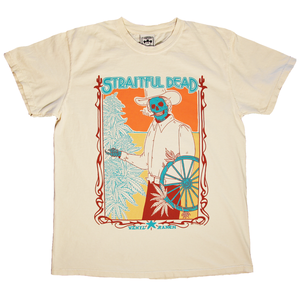 "Straitful Dead Daze" by Vinyl Ranch is a 4 color design printed on a classic cream tee.