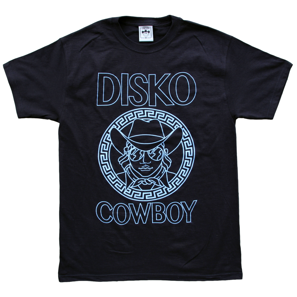 "Versayce Cowboy" by Vinyl Ranch is printed in glowing powder blue ink on a classic black tee.  Check out the full Disko Cowboy Collection