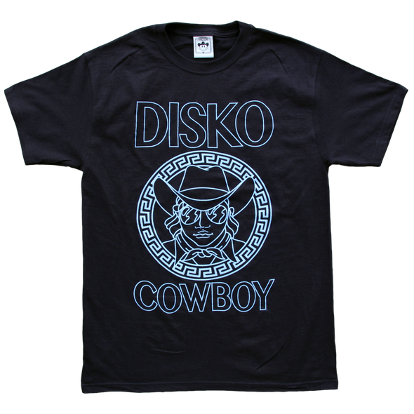 "Versayce Cowboy" by Vinyl Ranch is printed in glowing powder blue ink on a classic black tee.  Check out the full Disko Cowboy Collection